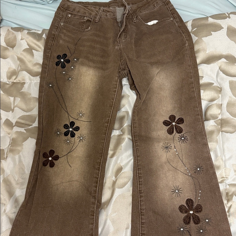 Brown Floral Embroidered Pants